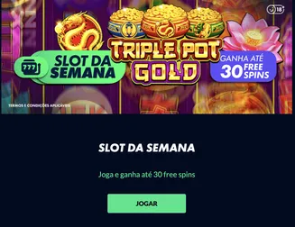 Slot da semana Triple Pot Gold com bónus de até 30 free spins no Promoção da slot da semana no Solverde.pt com destaque para o jogo Triple Pot Gold e oferta de até 30 free spins